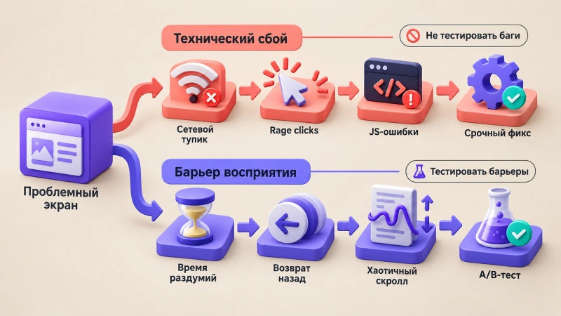 Разделение причин: технический сбой интерфейса или барьер восприятия